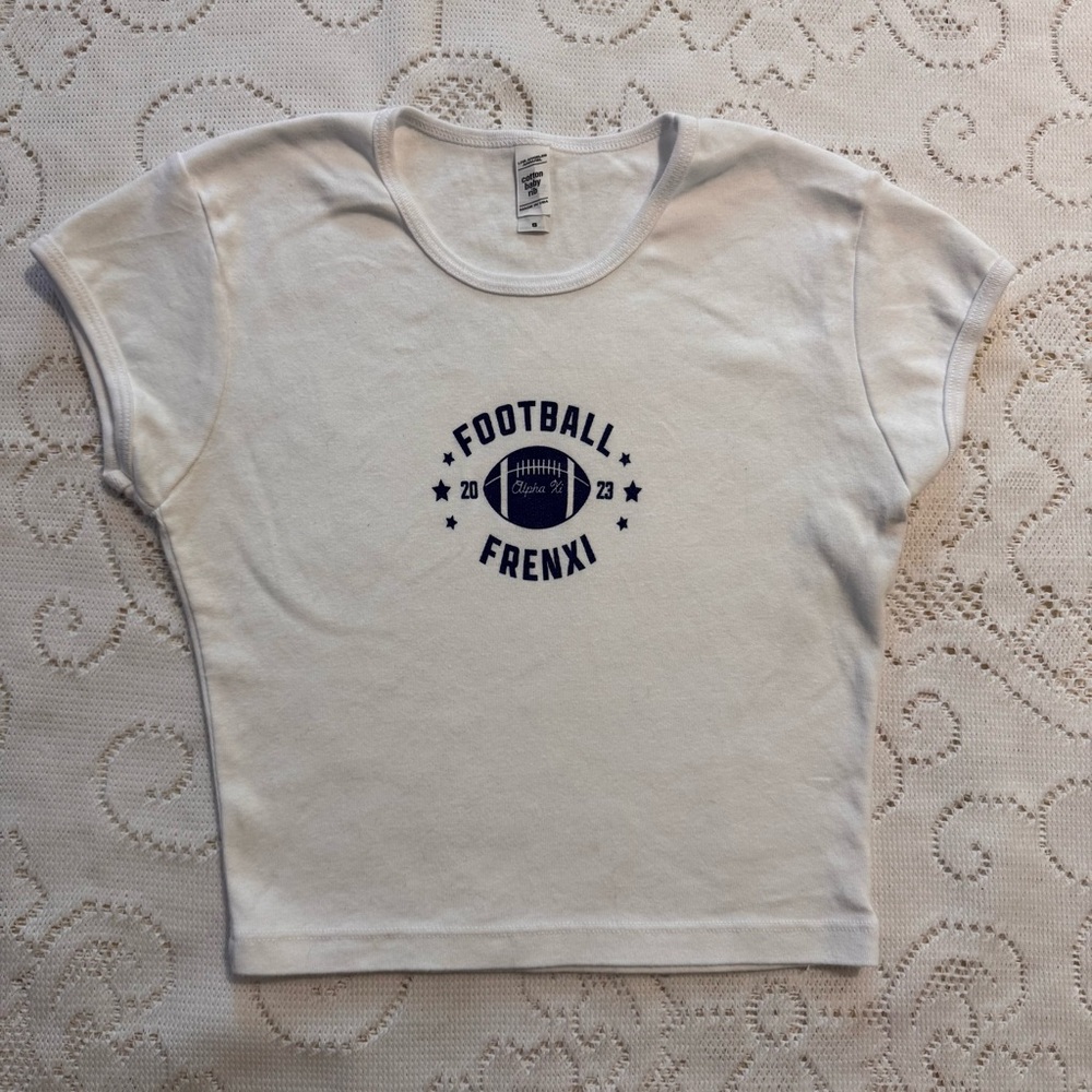 Alpha Xi Delta White Baby Tee with Navy Football Print, AXiD
